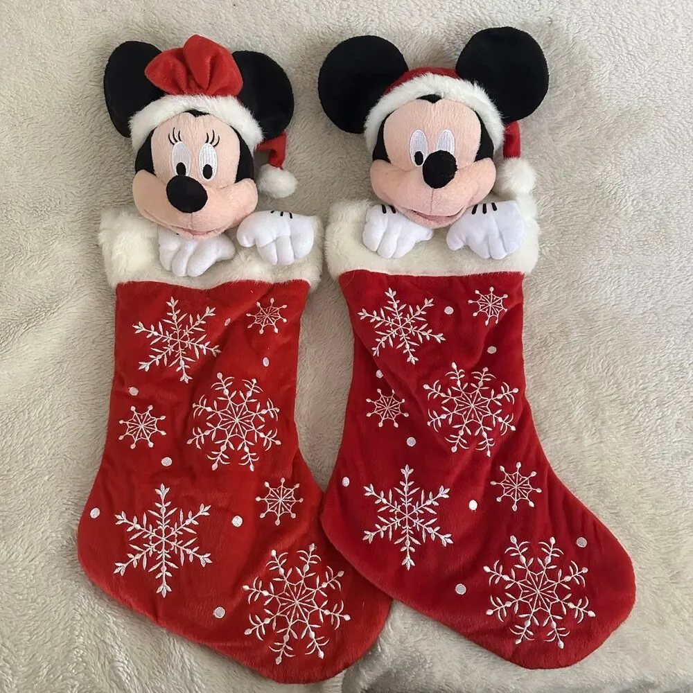 Disney Mickey Minnie Mouse Set Of 2 3D Plush Head Christmas Stocking Snowflakes